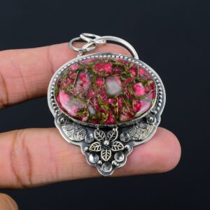 Copper Thulite Gemstone Pendant: Handmade 925 Sterling Silver Flower Jewelry Copper Thulite Gemstone Pendant: Handmade 925 Sterling Silver Flower Jewelry