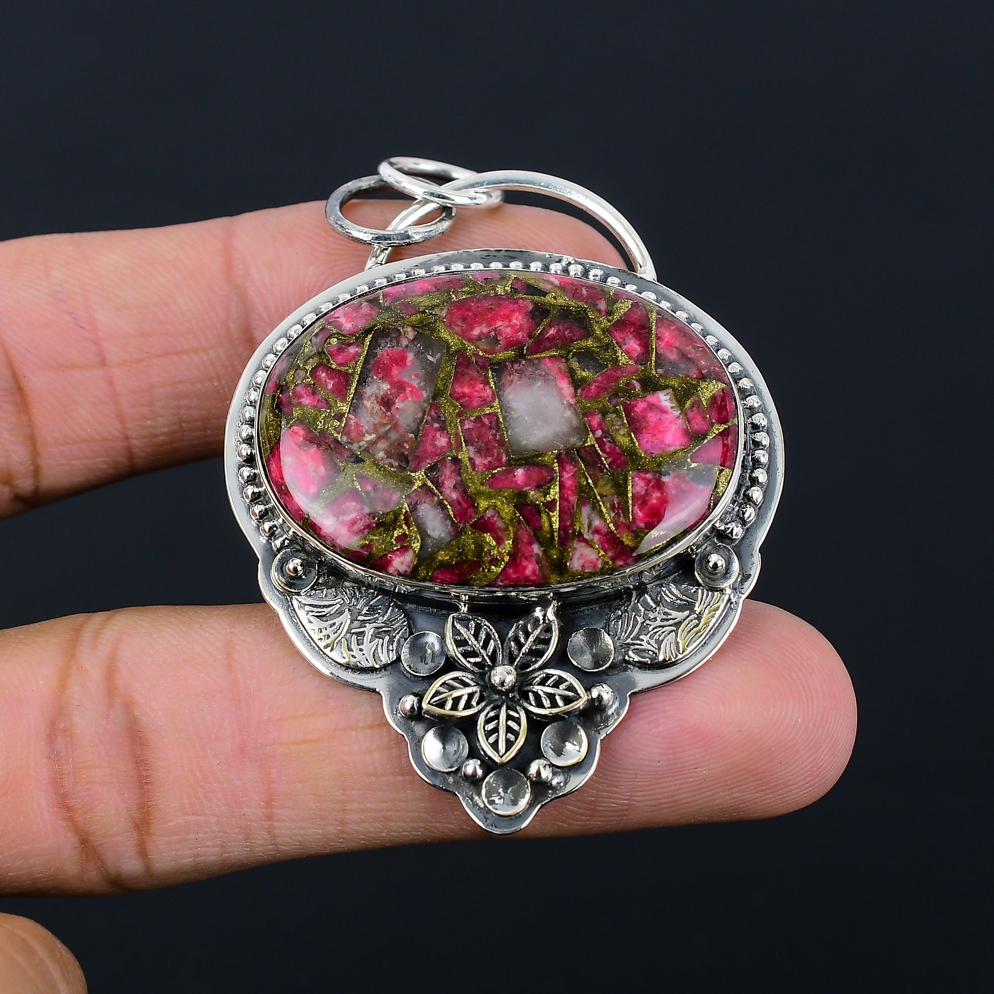 Copper Thulite Gemstone Pendant: Handmade 925 Sterling Silver Flower Jewelry Copper Thulite Gemstone Pendant: Handmade 925 Sterling Silver Flower Jewelry