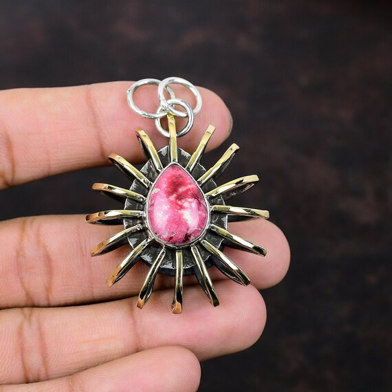 Handmade Thulite Pendant: 925 Sterling Silver, 18k Gold Plated