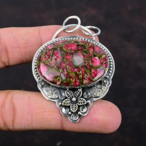 Handmade Copper Thulite Pendant: 925 Sterling Silver Flower Boho Jewelry Handmade Copper Thulite Pendant: 925 Sterling Silver Flower Boho Jewelry