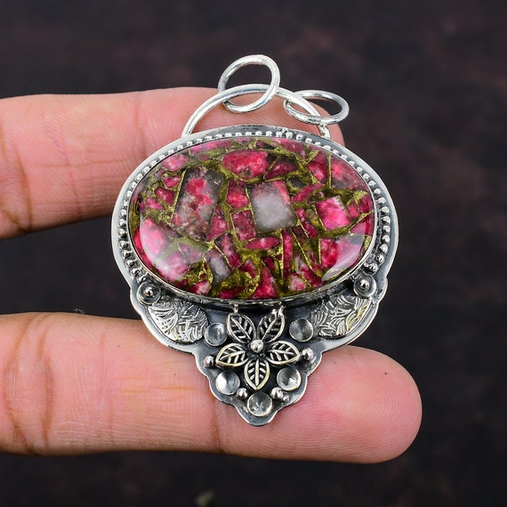Handmade Copper Thulite Pendant: 925 Sterling Silver Flower Boho Jewelry