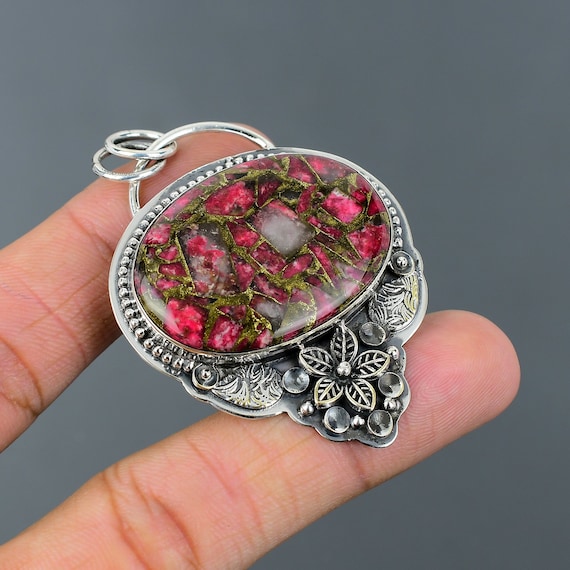 Handmade Copper Thulite Pendant: Sterling Silver Flower Boho Jewelry