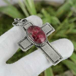 Handmade Thulite Cross Pendant: 925 Sterling Silver Gemstone Jewelry Handmade Thulite Cross Pendant: 925 Sterling Silver Gemstone Jewelry