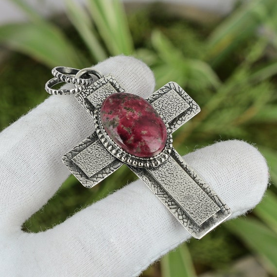 Handmade Thulite Cross Pendant: 925 Sterling Silver Gemstone Jewelry Handmade Thulite Cross Pendant: 925 Sterling Silver Gemstone Jewelry