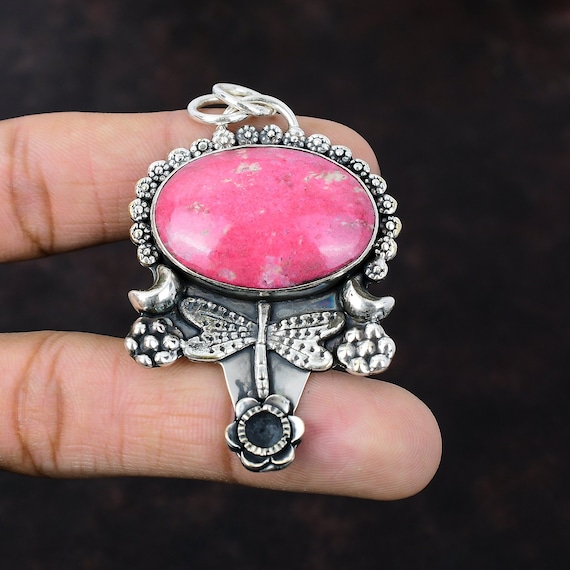 Handmade Thulite Dragonfly Pendant: 925 Sterling Silver Gemstone Jewelry Handmade Thulite Dragonfly Pendant: 925 Sterling Silver Gemstone Jewelry