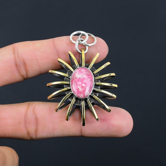 Handmade Thulite Gemstone Pendant: 925 Sterling Silver 18k Gold Plated Cage Pendant