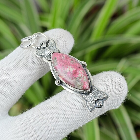 Handmade Marquise Thulite Pendant: 925 Sterling Silver, 18k Gold Plated Handmade Marquise Thulite Pendant: 925 Sterling Silver, 18k Gold Plated