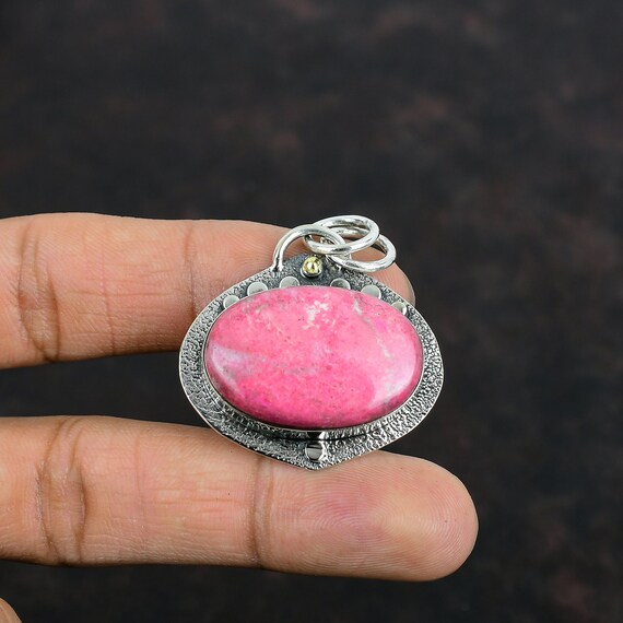 Handmade Thulite Pendant: Oval Gemstone, 925 Sterling Silver