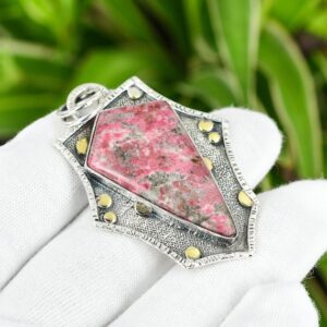 Handmade Thulite Pendant: Oxidized Sterling Silver, 18K Gold Plated Boho Jewelry Handmade Thulite Pendant: Oxidized Sterling Silver, 18K Gold Plated Boho Jewelry