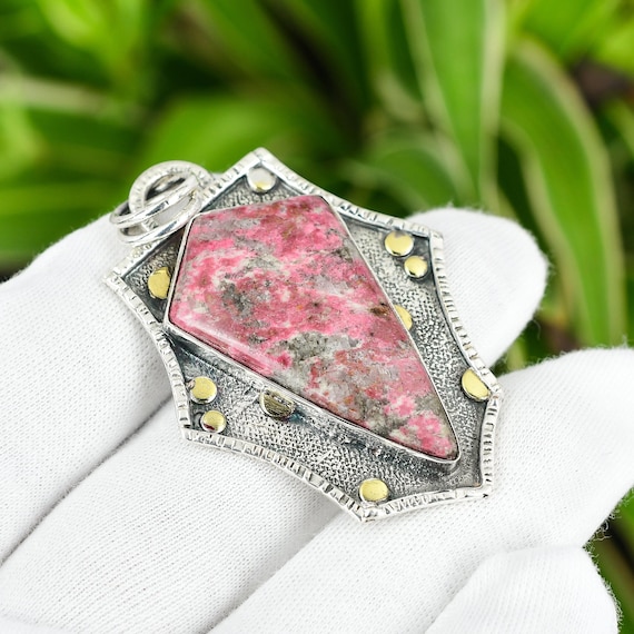 Handmade Thulite Pendant: Oxidized Sterling Silver, 18k Gold Plated Boho Jewelry Handmade Thulite Pendant: Oxidized Sterling Silver, 18k Gold Plated Boho Jewelry