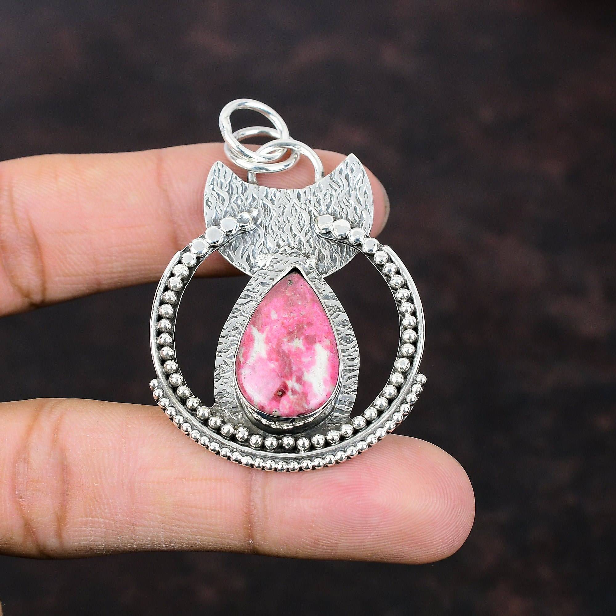 Handmade Pear Thulite Pendant: 925 Sterling Silver Gemstone Jewelry