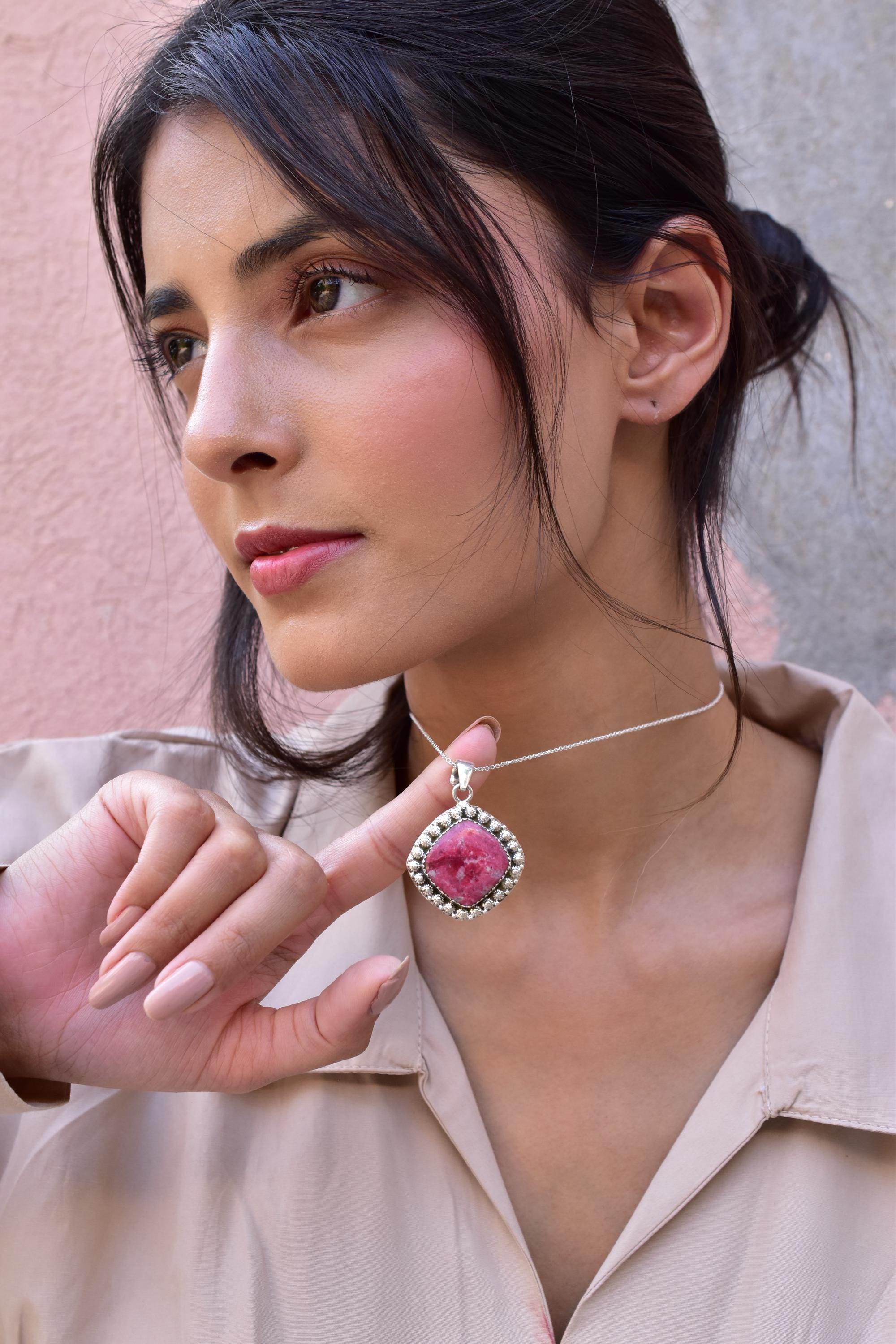 Handmade Red Thulite & Sterling Silver Pendant Necklace With 18 Inch Adjustable Chain