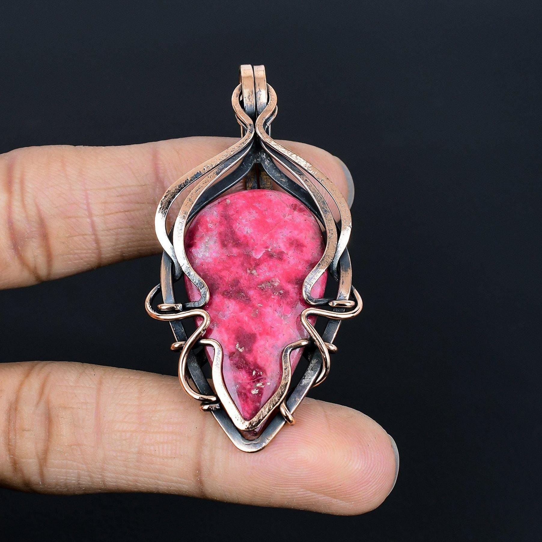 Natural Pink Thulite Gemstone Copper Wire Wrapped Pendant, Handmade Boho Jewelry Natural Pink Thulite Gemstone Copper Wire Wrapped Pendant, Handmade Boho Jewelry