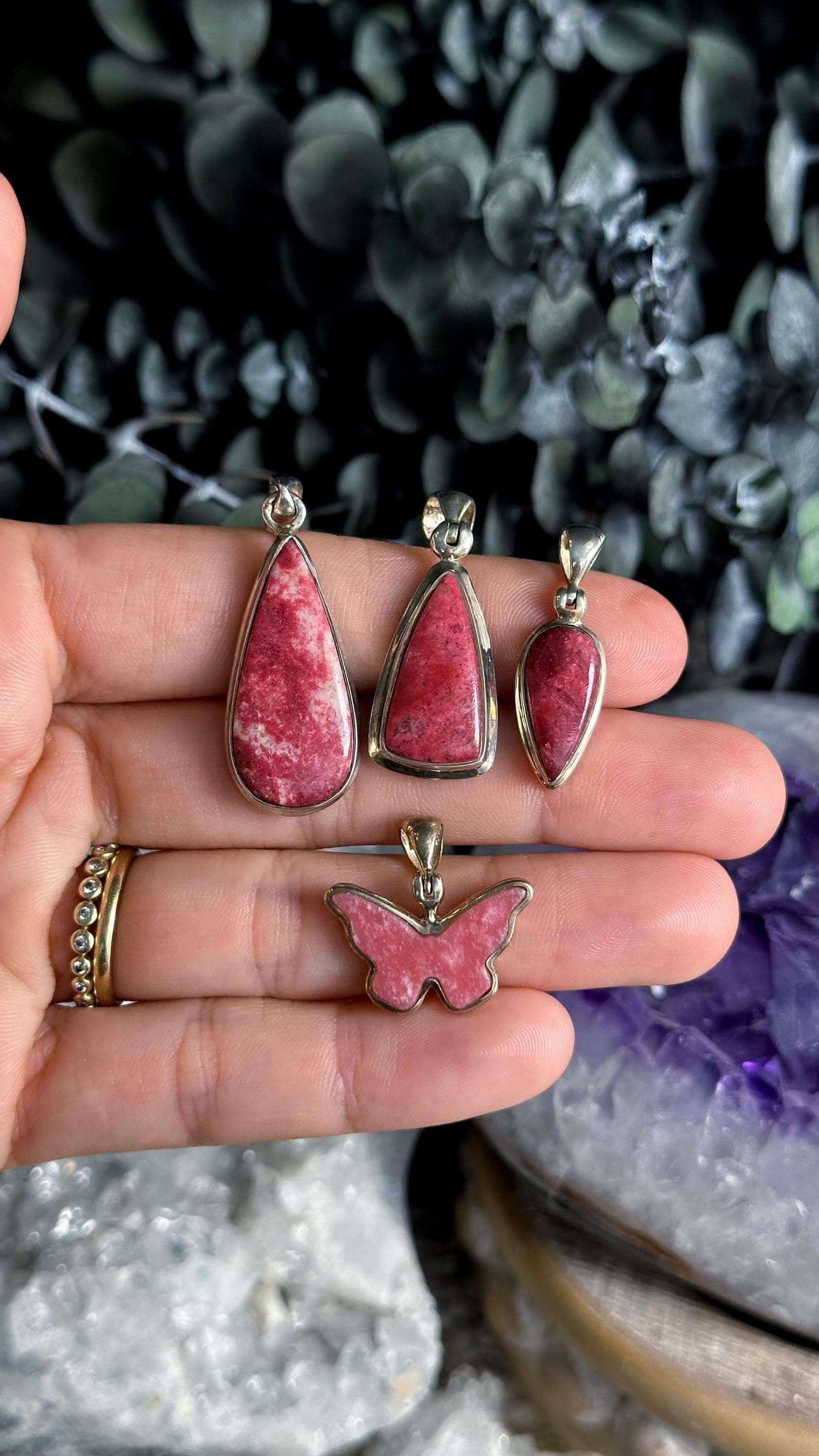 Thulite Pendant Necklace, .925 Sterling Silver, Faceted, Square, Triangle