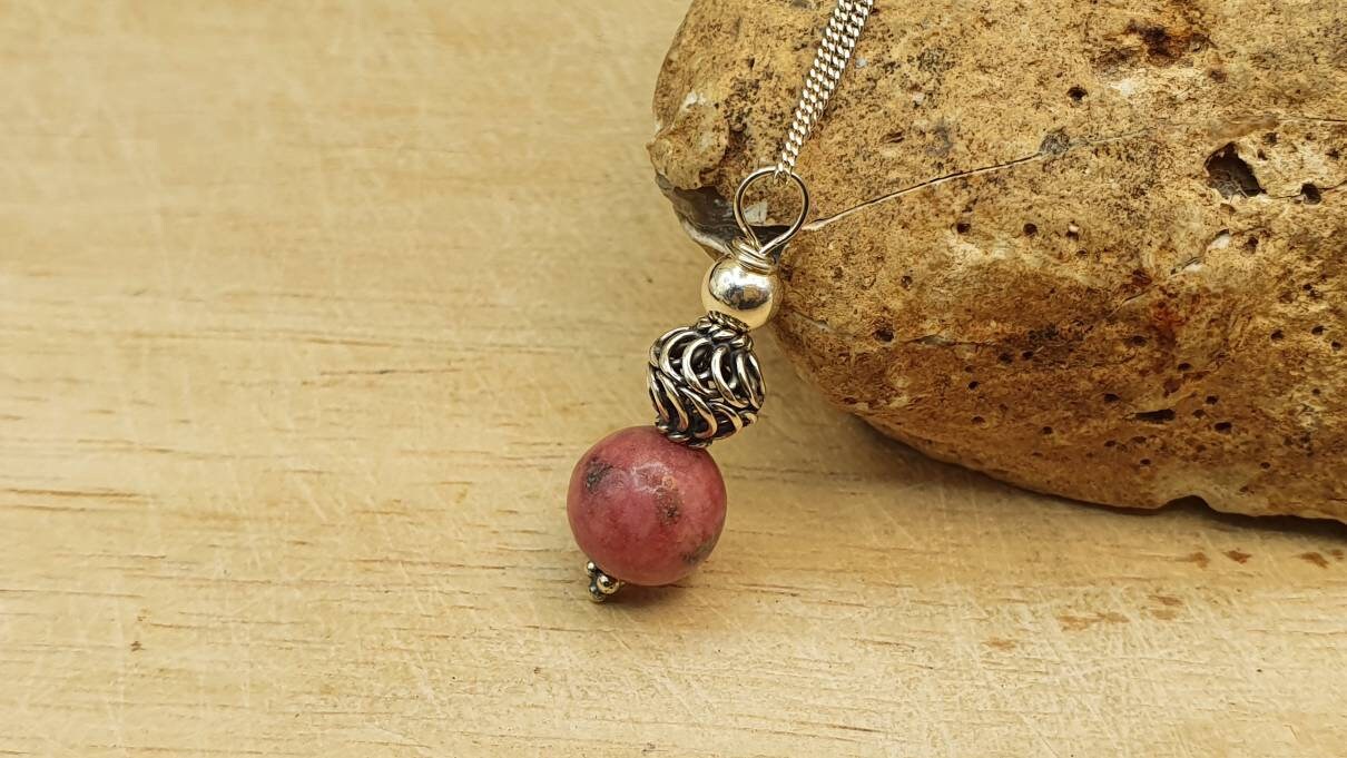 Rare Thulite Pendant Necklace. Reiki Jewelry. Minimalist Bali  Silver Rozalite Pendant Uk. 10mm. Gift For Her