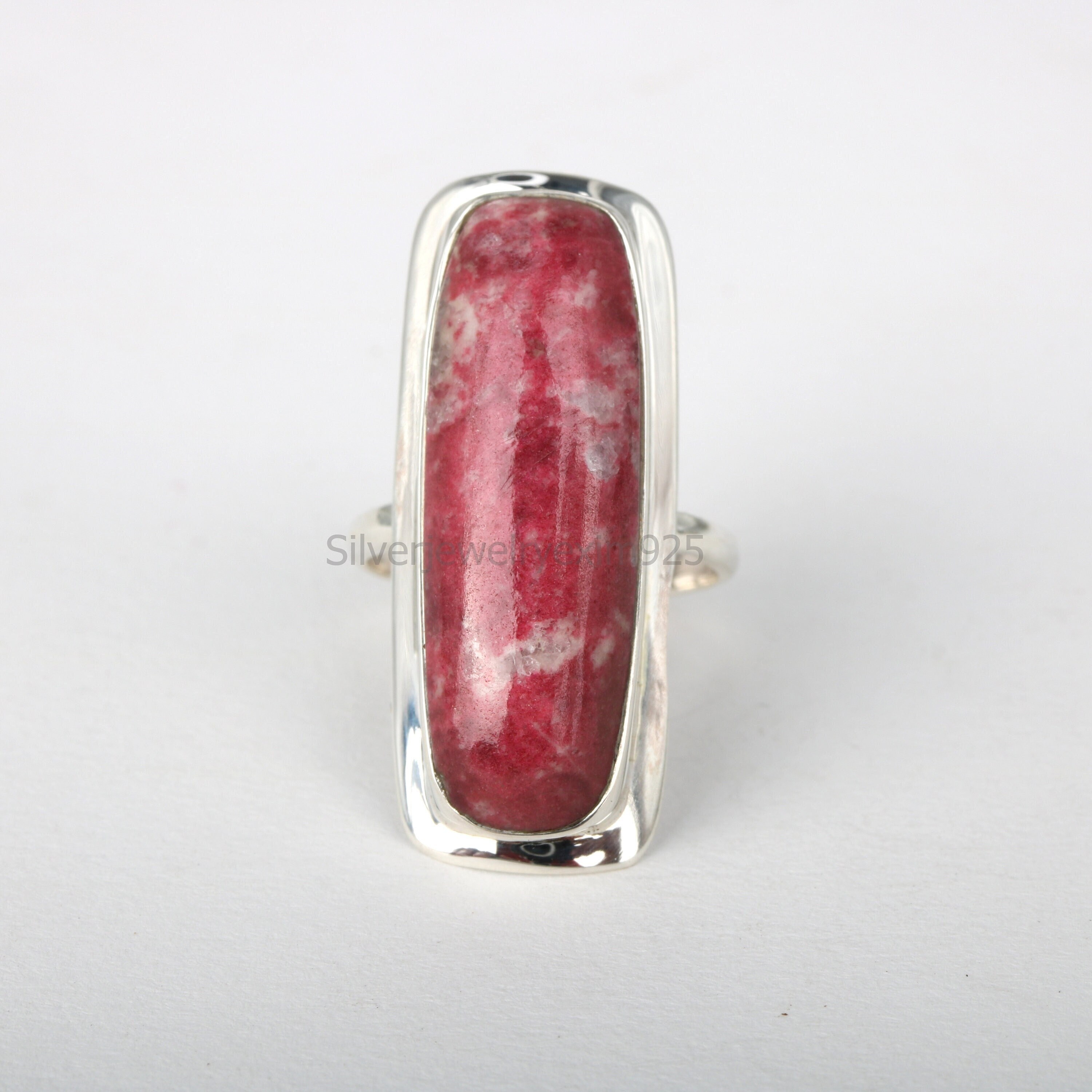 Cushion Thulite Ring: Long Pink Gemstone, Sterling Silver