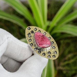 Handmade Thulite Ring: 18k Gold Plated 925 Sterling Silver, Adjustable