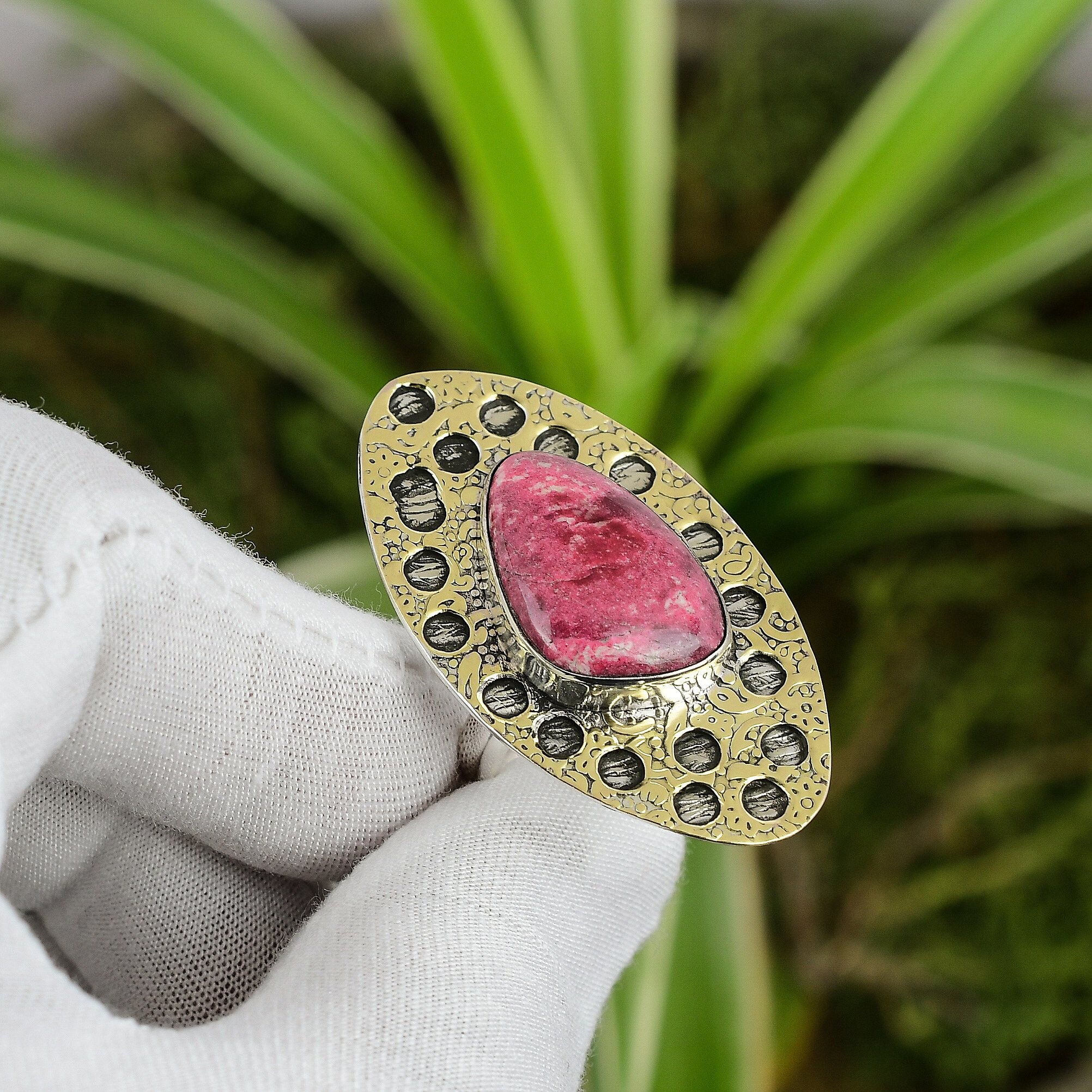 Handmade Thulite Ring: 18k Gold Plated 925 Sterling Silver, Adjustable Handmade Thulite Ring: 18k Gold Plated 925 Sterling Silver, Adjustable