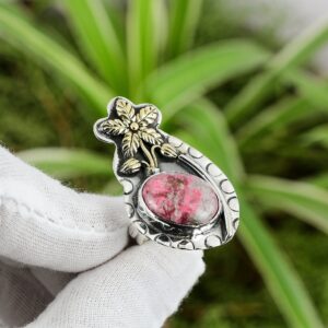 Handmade Thulite Ring: 18k Gold Plated Sterling Silver Flower Jewelry