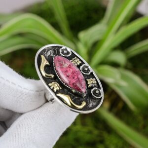 Handmade Thulite Ring: 18k Gold Plated Sterling Silver Adjustable Boho Ring