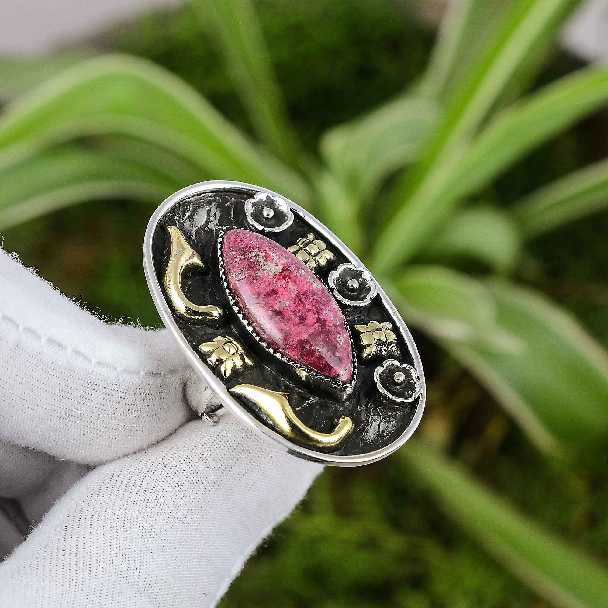 Handmade Thulite Ring: 18k Gold Plated Sterling Silver Adjustable Boho Ring Handmade Thulite Ring: 18k Gold Plated Sterling Silver Adjustable Boho Ring