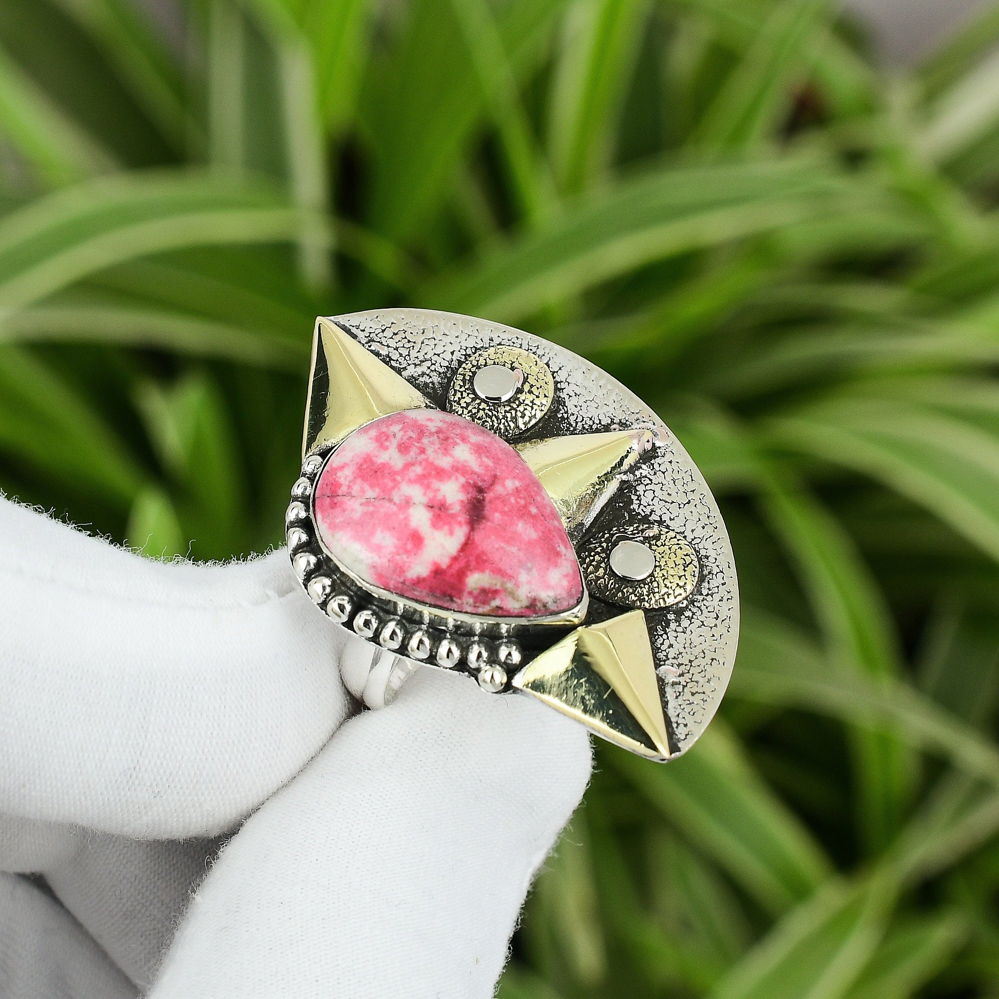 Handmade Thulite Ring: 18k Gold Plated Sterling Silver Adjustable Gemstone Ring