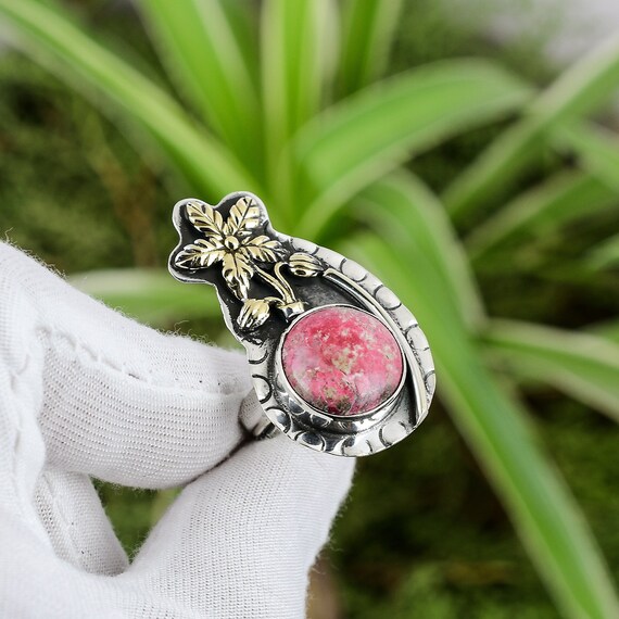 Handmade Thulite Ring: 925 Sterling Silver, 18k Gold Flower, Adjustable