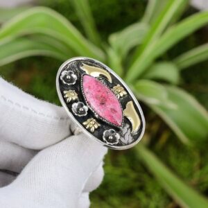 Handmade Marquise Thulite Ring: 18k Gold Plated 925 Sterling Silver Adjustable Band