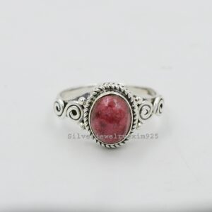 Handmade Thulite Ring: Oval Gemstone, 925 Sterling Silver