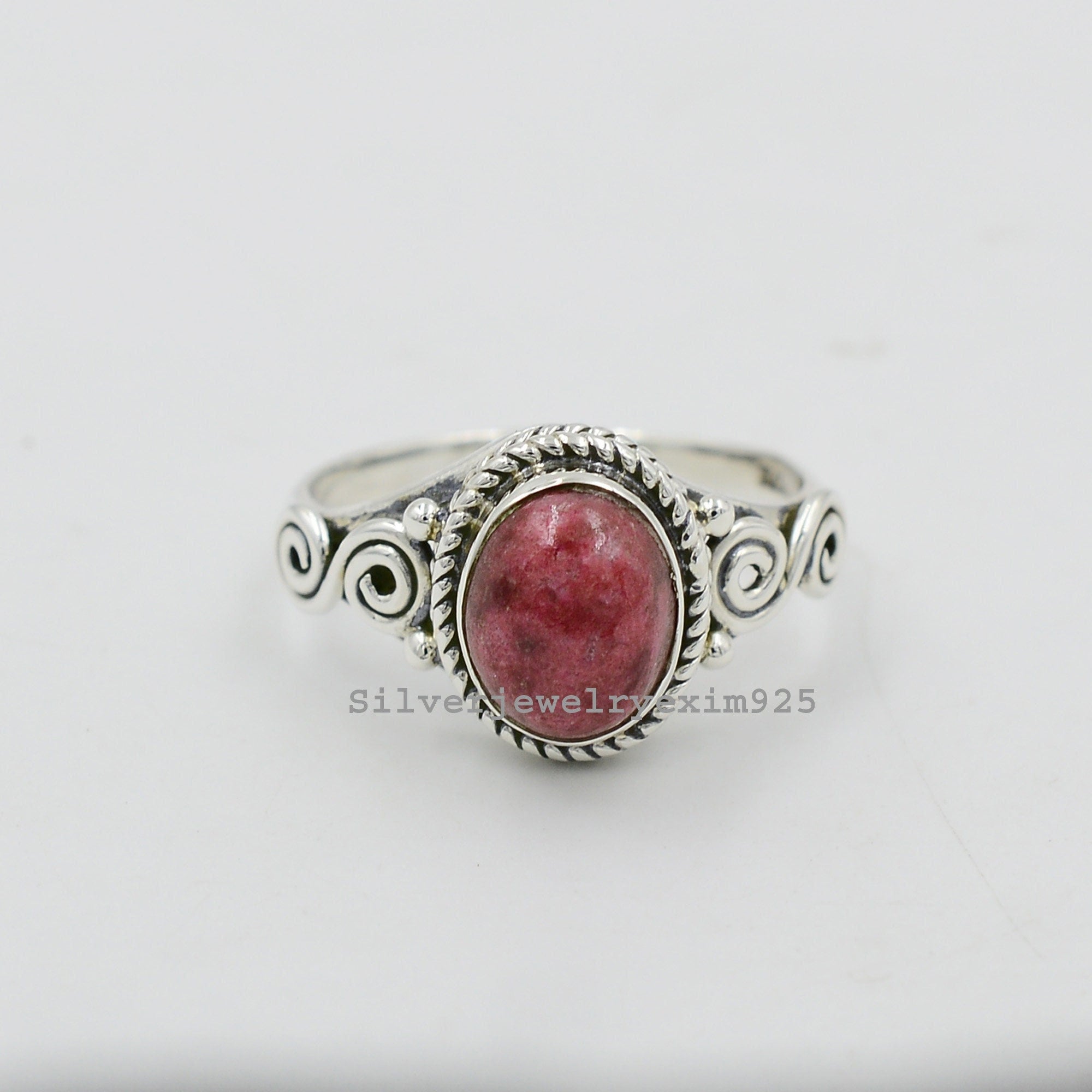 Handmade Thulite Ring: Oval Gemstone, 925 Sterling Silver