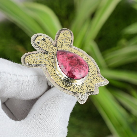 Handmade Thulite Tortoise Ring: 18k Gold Plated Sterling Silver, Adjustable Handmade Thulite Tortoise Ring: 18k Gold Plated Sterling Silver, Adjustable