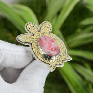 Handmade Thulite Turtle Ring: 18k Gold Plated 925 Sterling Silver, Adjustable