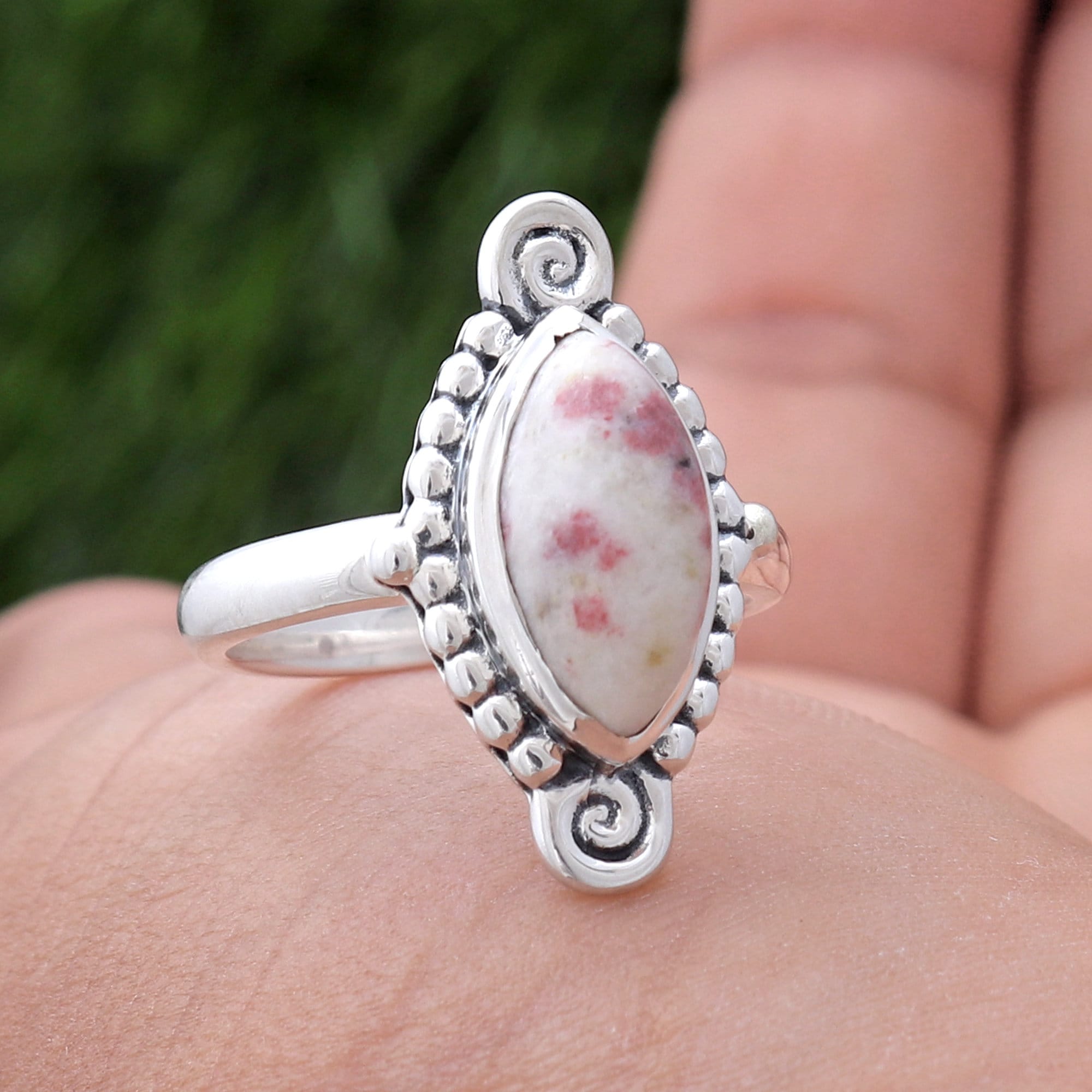 Natural Pink Thulite Gemstone Ring, Handmade  Pink Marquise Thulite Jewelry, 925 Sterling Silver, Bohemian Designer Ring, Statement Jewelry