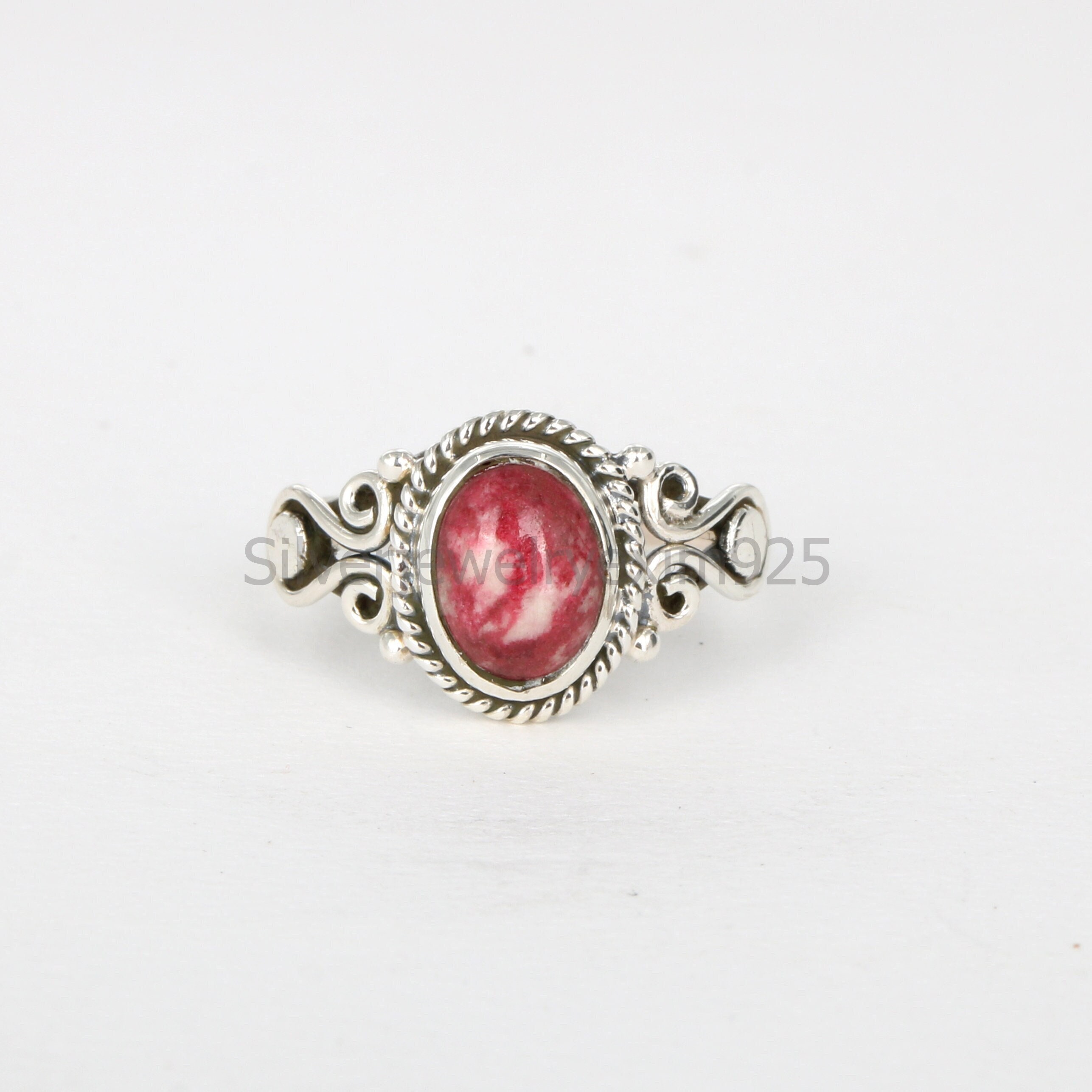 Pink Thulite Ring: Oval Gemstone, 925 Sterling Silver Pink Thulite Ring: Oval Gemstone, 925 Sterling Silver