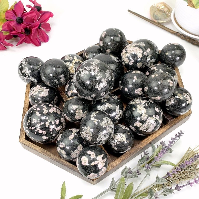 Black Jade With Pink Thulite Crystal Spheres - By Weight Black Jade With Pink Thulite Crystal Spheres - By Weight