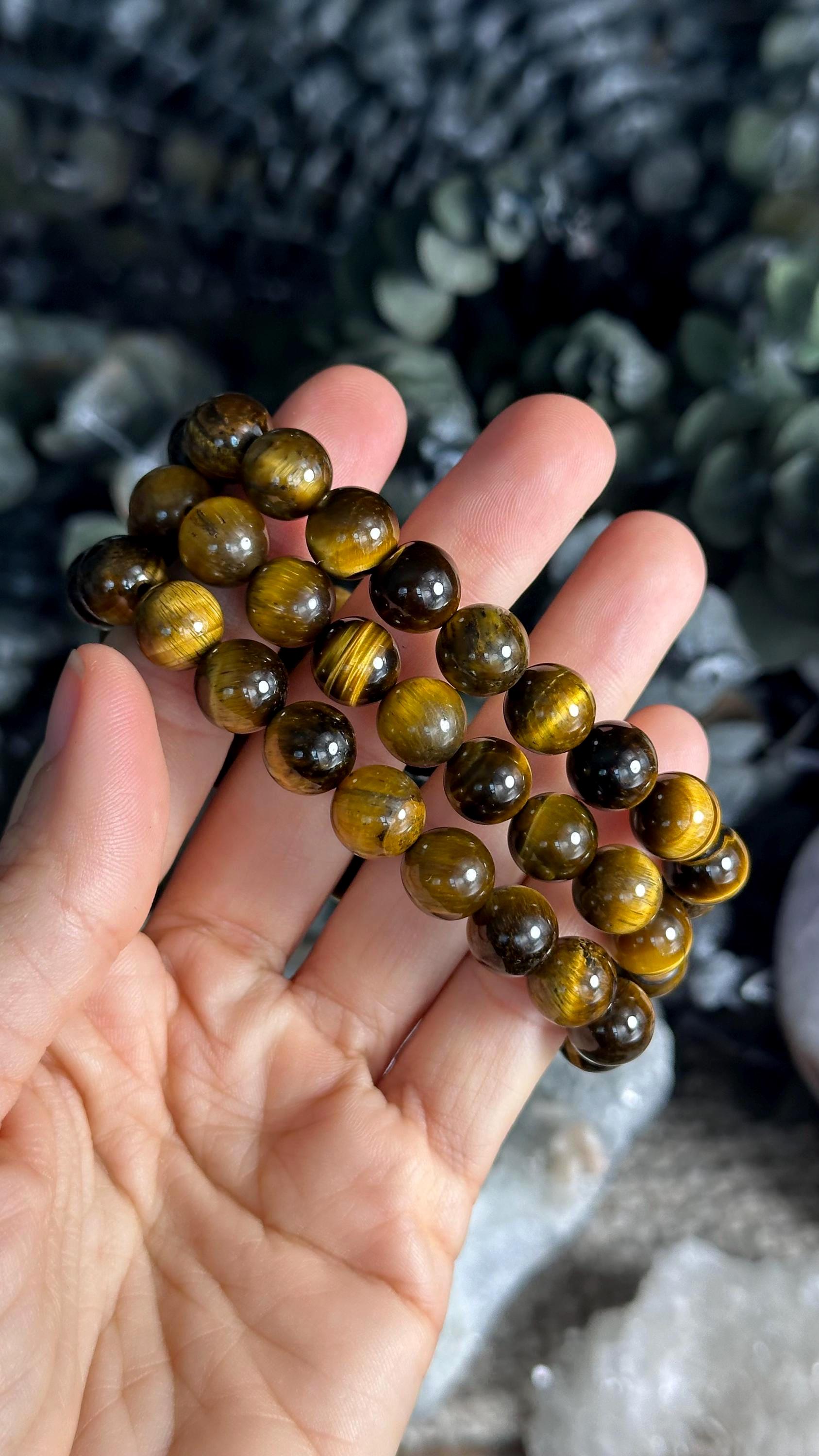 10mm Tiger Eye Bracelet: Crystal Gemstone Beaded Stretch Bracelet