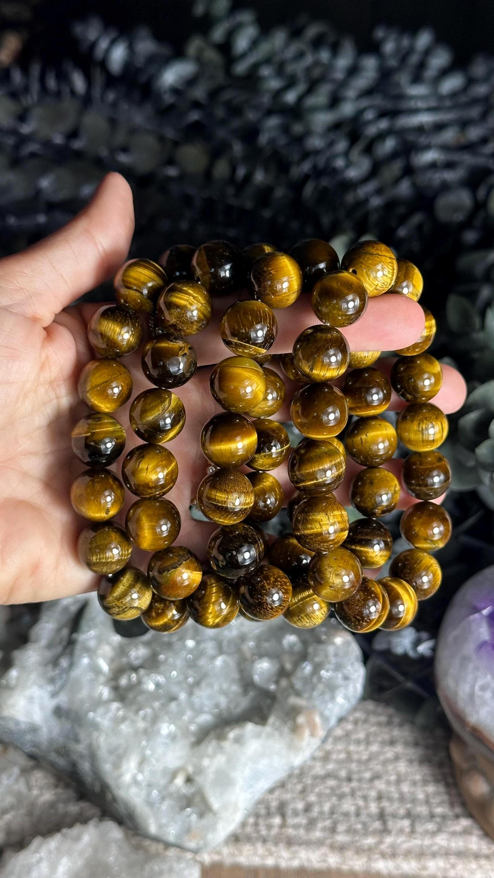 12mm 14mm Tiger Eye Bracelet: Crystal Gemstone Beaded Stretch Bracelet