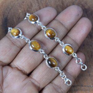 Tiger Eye 925 Sterling Silver Bracelet: Adjustable Oval Gemstone Tiger Eye 925 Sterling Silver Bracelet: Adjustable Oval Gemstone