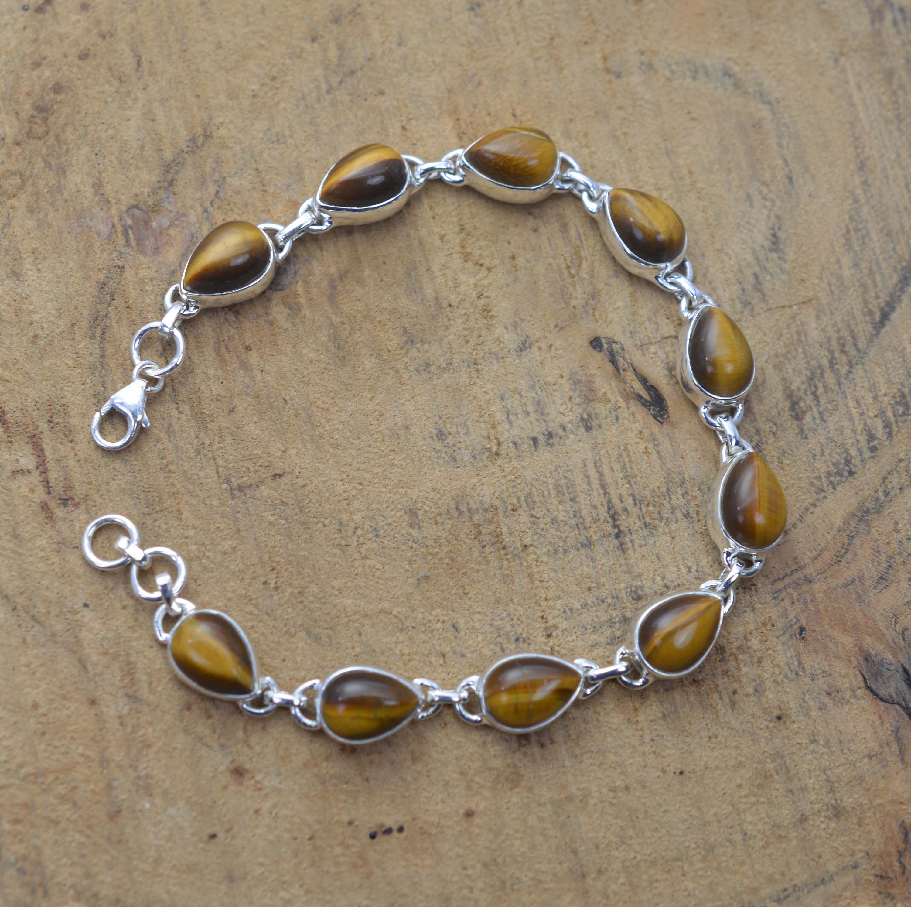 Tiger Eye 925 Sterling Silver Pear Shape Gemstone Adjustable Bracelet