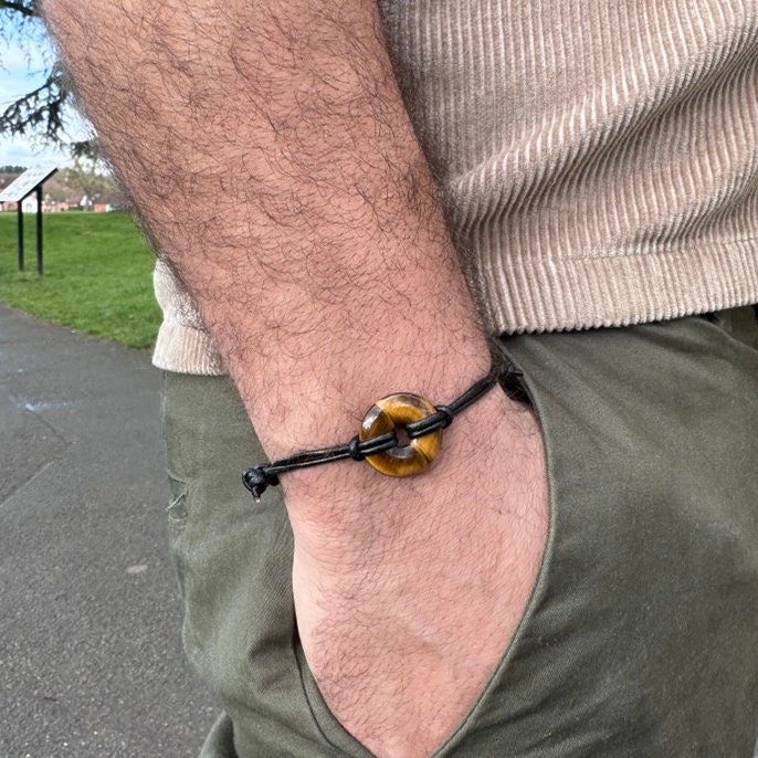 Tiger Eye Adjustable Bracelet, Rustic Brown Leather Gift For Him,