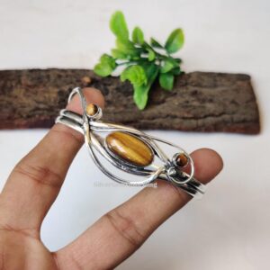 Handmade Tiger Eye Bangle: 925 Sterling Silver Adjustable Gemstone Bracelet Handmade Tiger Eye Bangle: 925 Sterling Silver Adjustable Gemstone Bracelet