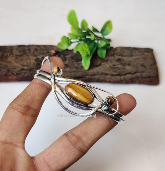 Handmade Tiger Eye Bangle: 925 Sterling Silver Adjustable Gemstone Bracelet Handmade Tiger Eye Bangle: 925 Sterling Silver Adjustable Gemstone Bracelet
