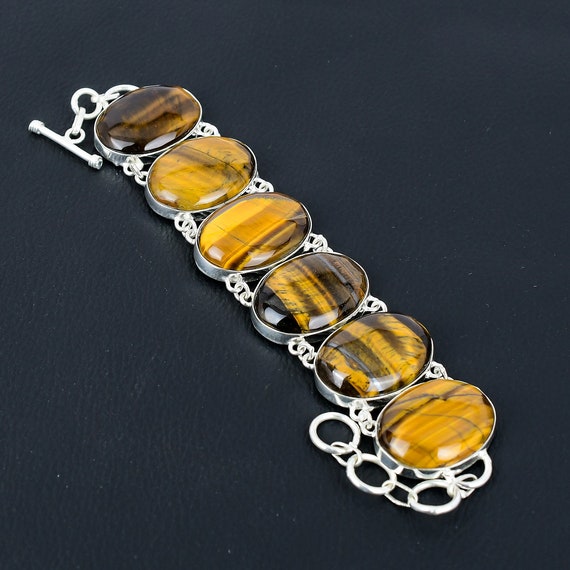 Handmade Tiger's Eye Bracelet: 925 Sterling Silver Adjustable Chain