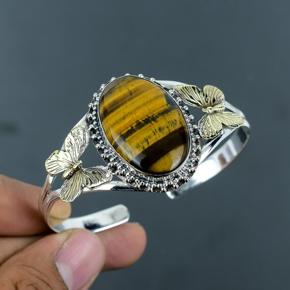 Handmade Tiger's Eye Cuff Bracelet: 925 Sterling Silver Butterfly Bangle