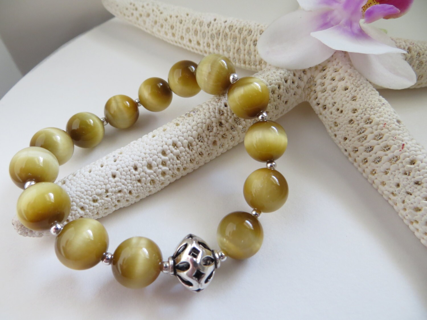 Honey Tiger Eye Gemstone Bracelet, Sterling Silver Accents