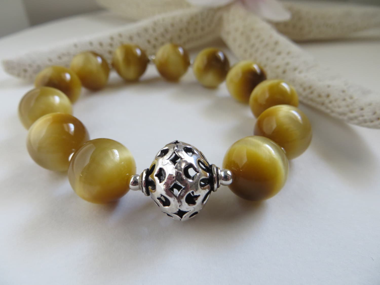 Honey Tiger Eye Sterling Silver Bracelet, Gemstone Stacking Jewelry