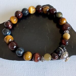 Multicolor Tiger's Eye Beaded Bracelet: Sterling Silver Cat Charm, Tiger Eye Jewelry Multicolor Tiger's Eye Beaded Bracelet: Sterling Silver Cat Charm, Tiger Eye Jewelry