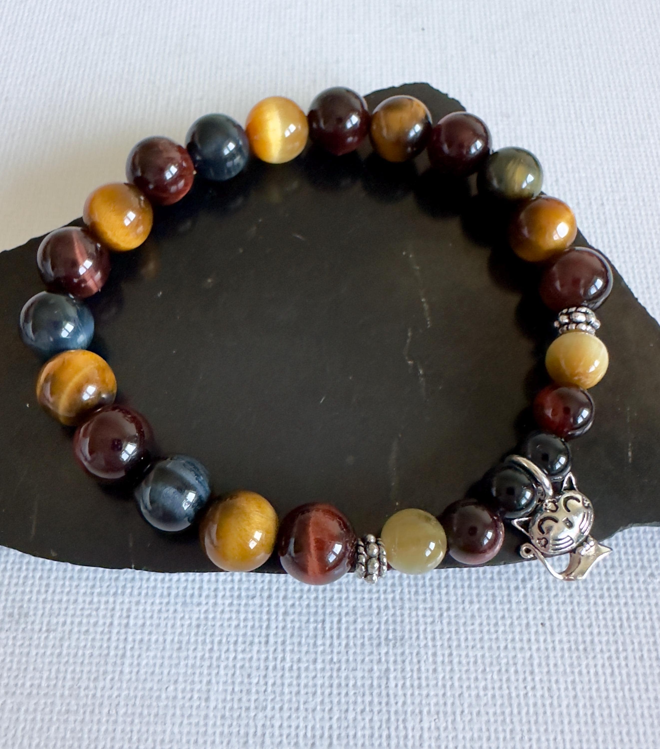 Multicolor Tiger's Eye Beaded Bracelet: Sterling Silver Cat Charm, Tiger Eye Jewelry