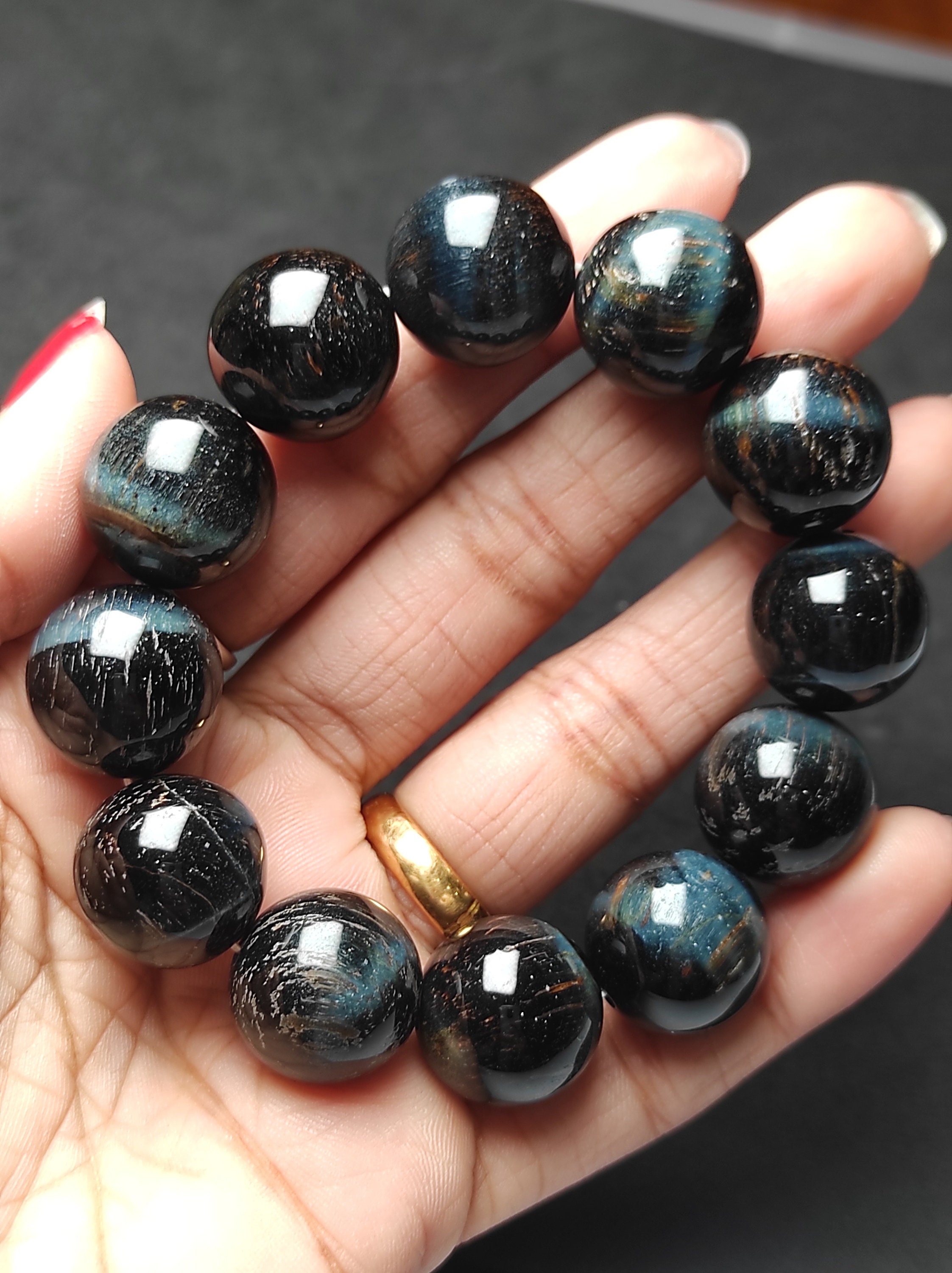 Natural Black Tiger Eye Smooth Round Gemstone Beaded Bracelet, 16 Mm High Quality Stretchy-adjustable Bracelet, Gift For Her- At Low Price
