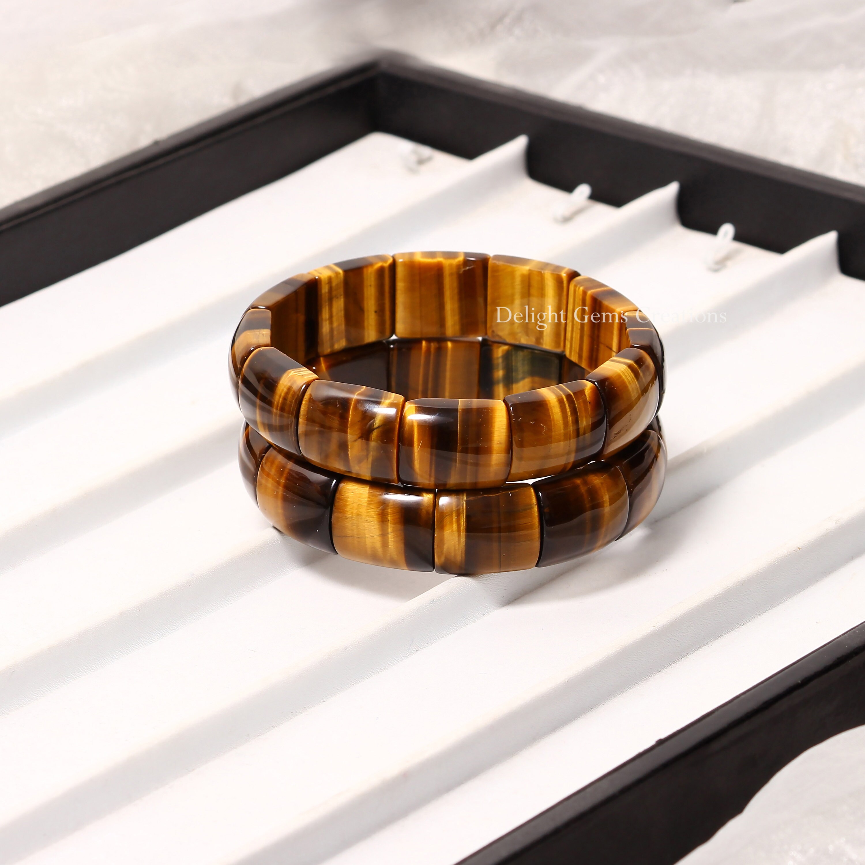 Natural Golden Tiger Eye Stretch Beaded Bracelet, Tiger Eye Gemstone Rectangular Beads Stack Bracelet For Courage, Strength, And Protection Natural Golden Tiger Eye Stretch Beaded Bracelet, Tiger Eye Gemstone Rectangular Beads Stack Bracelet For Courage, Strength, And Protection